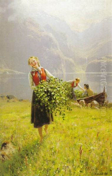 Fjordlandskap Med Flicka Som Samlar Bjorkris - view 1
