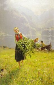 Fjordlandskap Med Flicka Som Samlar Bjorkris Fjordlandskap Med Flicka Som Samlar Bjorkris