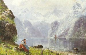 A Springtime Fjord Scene With A Woman Seated On A Rock In The Foreground A Springtime Fjord Scene With A Woman Seated On A Rock In The Foreground