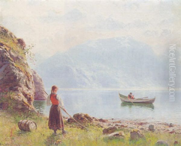 A Girl Beside A Fjord In A Summer Landscape - view 1