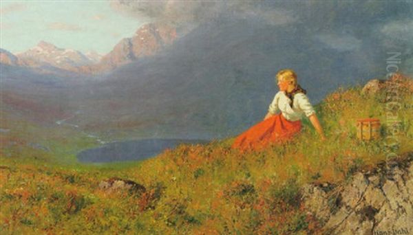 Berglandskap Med Rastande Ung Kvinna - view 1