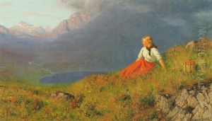 Berglandskap Med Rastande Ung Kvinna Berglandskap Med Rastande Ung Kvinna