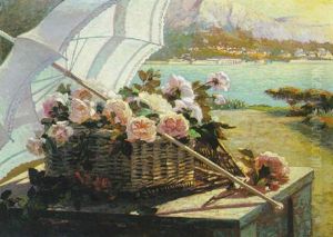 A Basket Of Roses Beneath A Parasol by Hans Dahl