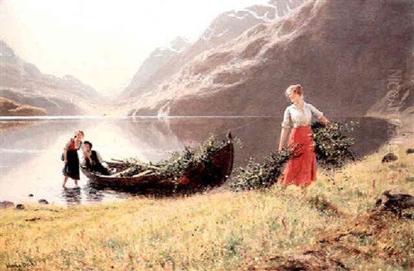 Norwegischer Fjord Mit Einem Boot Und Jungen Liebenden - view 1