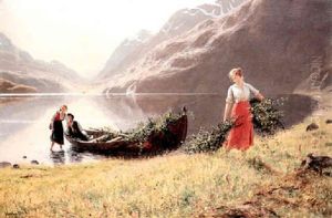 Norwegischer Fjord Mit Einem Boot Und Jungen Liebenden
