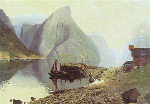 Fjordlandskap Med Rod Stuga Och Batar - view 1