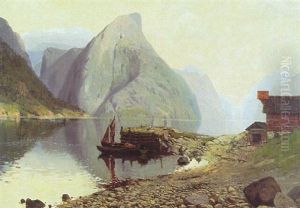 Fjordlandskap Med Rod Stuga Och Batar