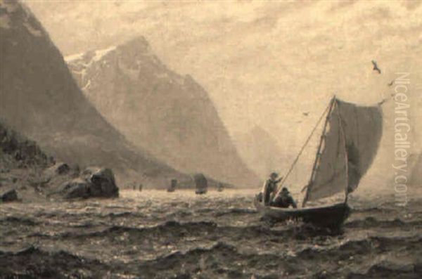 A Fjord Scene With Two Figures In A Sailing Dinghy - view 1