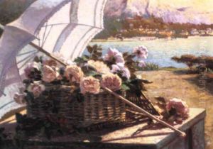 Kurv Med Roser Under En Parasol Pa Et Bord
