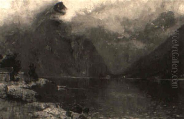 Norskt Fjordlandskap Med Roddbat Och R"d Stuga - view 1