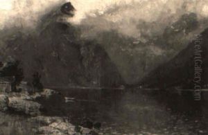 Norskt Fjordlandskap Med Roddbat Och R"d Stuga