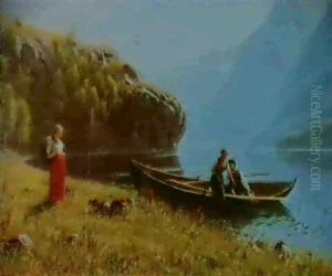 Mountainous Landscape Scene Depicting Three Figuers In Foreground By A Norwegian Lake by Hans Dahl