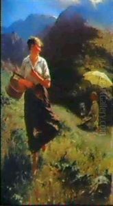 Konstnaren Och Hans Modell I Blommande Fjallandskap by Hans Dahl