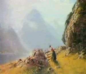 Norsk Fjordlandskab Med Ung Pige, Der Kigger Ud Over Fjorden Norsk Fjordlandskab Med Ung Pige, Der Kigger Ud Over Fjorden
