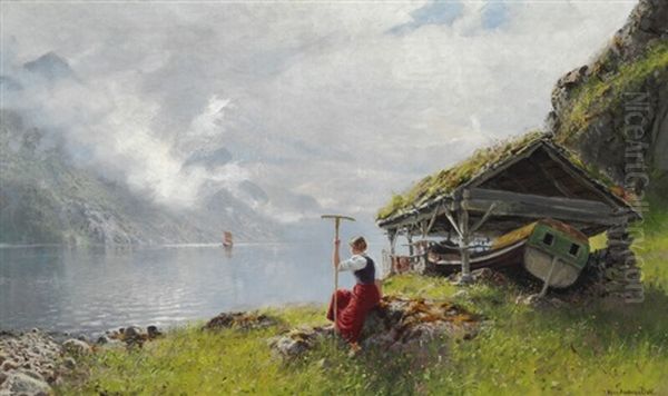 Norwegian Landscape With A Young Woman Overlooking The Fjord - view 1