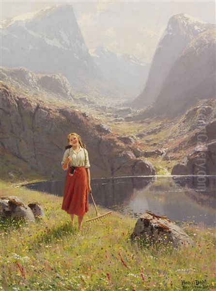 Sommer Am Norwegischen Fjord - Heimkehrendes Madchen Mit Rechen Und Kiepe - view 1