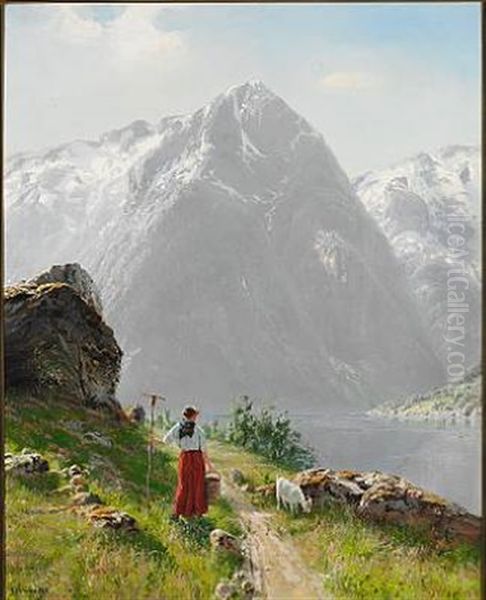 Norwegian Fjord Landscape With A Young Girl And A Goat, Summertime - view 1