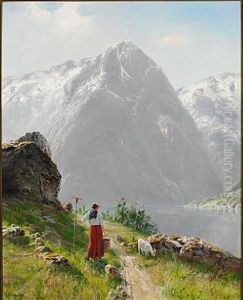 Norwegian Fjord Landscape With A Young Girl And A Goat, Summertime by Hans Andreas Dahl