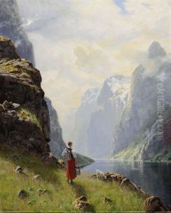 Norwegische Fjordlandschaft Mit Junger Frau Mit Melkeimer Und Weidender Ziege by Hans Andreas Dahl