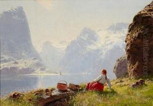 An Extensive Fjord View With A Girl Resting On The Shore In The Foreground by Hans Andreas Dahl