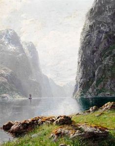 View Of A Norwegian Fjord With A Sailing Ship Between Tall Cliffs by Hans Andreas Dahl