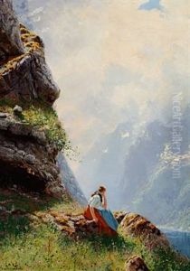 Norwegian Peasant Girl On A Mountain Slope With A View Over A Fjord