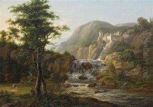 Gebirgslandschaft Mit Wasserfall, Burganlage Und Reisendem Zu Pferd Vor Einer Hutte by Johan Wilhelm Ludwig Dahl