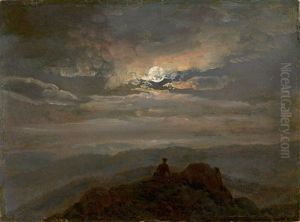 Moonlit Landscape ("wanderer On A Mountain Top) by Johan Wilhelm Ludwig Dahl