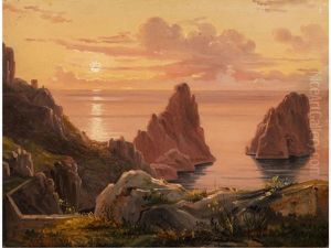 Abendlicher Blick Uber Die Faraglioni Felsen Von Capri by Johan Wilhelm Ludwig Dahl