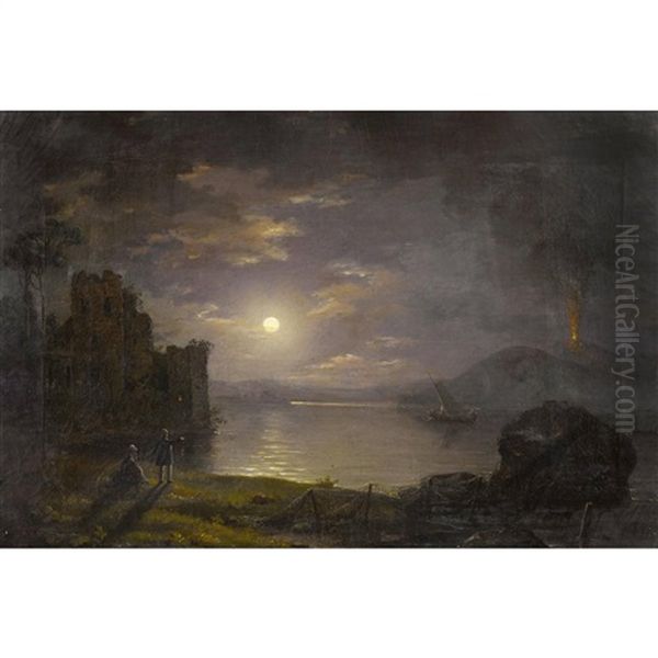 Nachtlicher Strand Bei Posillipo Mit Vesuv Im Mondschein - view 1