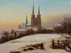 Winterliche Ansicht Der Kathedrale Von Roskilde by Johan Wilhelm Ludwig Dahl