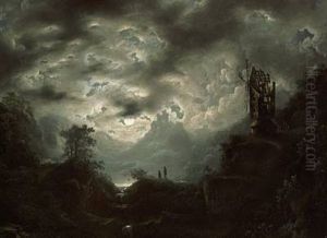 Moonlight On A Rocky Coast With Fishermen And An Old Mill by Johan Wilhelm Ludwig Dahl