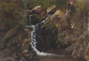 A Waterfall In Morgenbach, Germany by Johan Wilhelm Ludwig Dahl