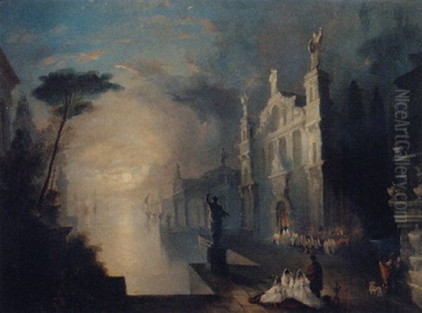 A Procession Befoe A Baroque Church In A Moonlit Harbour, A Capriccio - view 1