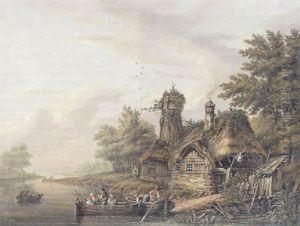 Hollandsk Flodlandskab Med Bade, Der Laegger Til Ved Et Strataekt Hus