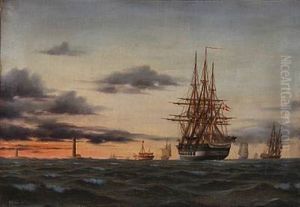 Seascape With Sailing Ships In The Evening Sun by Jorgen Dahl