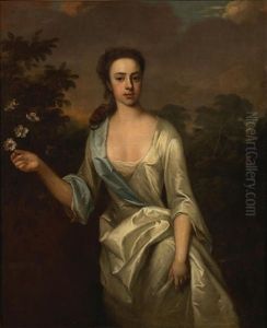 Portrait Of A Lady, Three-quarter-length, In A White Dress Holding Flowers, Before A Landscape