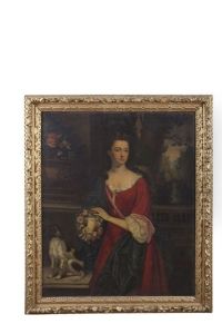 A Portrait Of Elizabeth Langham, As A Young Woman, Standing Three Quarter Length On A Terrace, A Spaniel Seated Beside Her, Flowers In An Ornamental Urn At Her