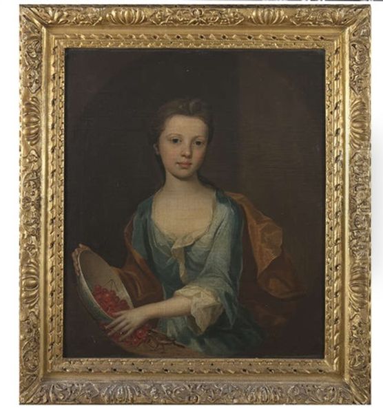Portrait Of Martha Langham, As A Young Girl Three-quarter Length Wearing A Blue Dress With A Bowl Of Cherries And A Canary - view 1