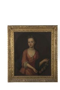 Portrait Of Mary Langham, As A Young Girl, Standing Three-quarter Length, Wearing A Red Dress, Holding A Garland Of Flowers, With Flowers In Her Hair