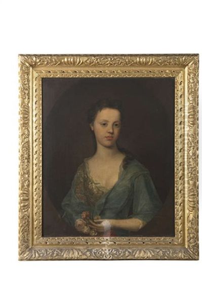 A Portrait Of Elizabeth Langham, As A Young Girl, Half Length In A Low Blue Dress And Holding Flowers - view 1
