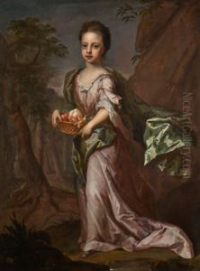 Portrait Of A Girl, Full-length, Wearing A Pink Dress And Green Shawl With A Basket Of Fruit, Standing In A Landscape