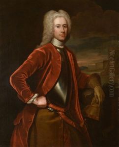 Portrait Of A Gentleman Standing Before A Landscape, Wearing An Armored Breastplate, A Red Velvet Jacket And Powdered Wig, Half Length