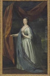 Portrait Of Frederica Susanna Mildmay, Countess Fitz Walter, 3rd Countess Of Mertola, In An Oyster Satin Dress And Blue Cloak, By A Draped Curtain, With A Landscape Beyond