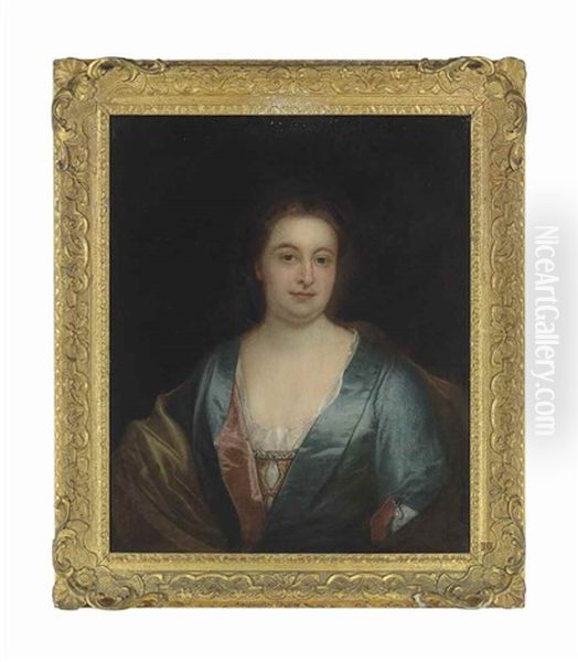 Portrait Of A Lady, Half-length, In A Blue Satin Decollete Dress, Feigned Oval - view 1