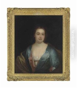 Portrait Of A Lady, Half-length, In A Blue Satin Decollete Dress, Feigned Oval