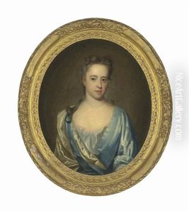 Portrait Of A Lady, Traditionally Identified As A Lady Of The Edwardes Family, Half-length, In A Blue Dress And A Cream Satin Wrap by Michael Dahl