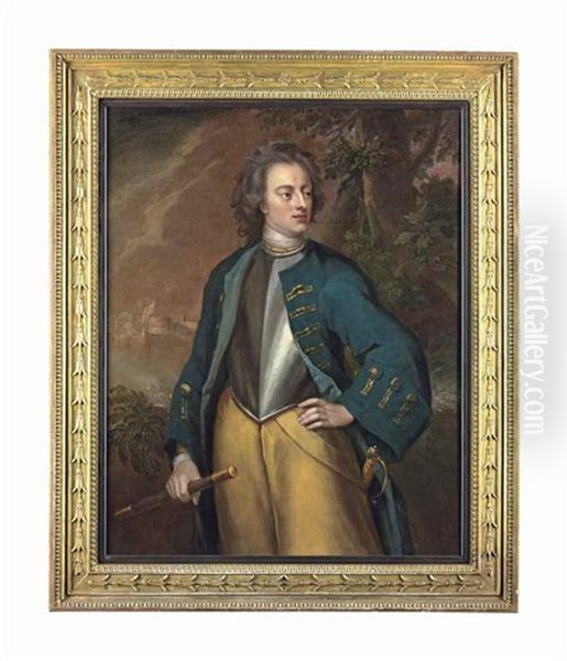 Portrait Of King Carl Xii Of Sweden (1682-1718), Three-quarter-length, In A Green Coat Over A Steel Cuirass, Holding A Commander's Baton And Wearing A Sword, A Fortress Beyond - view 1