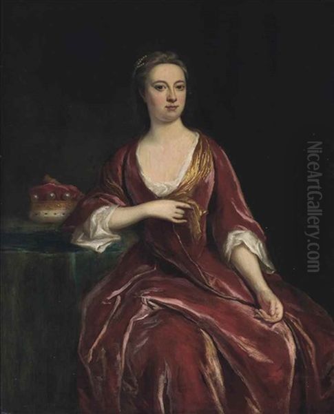 Portrait Of A Lady, Possibly A Duchess, Three Quarter Length In A Red Gown - view 1