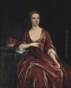 Portrait Of A Lady, Possibly A Duchess, Three Quarter Length In A Red Gown
